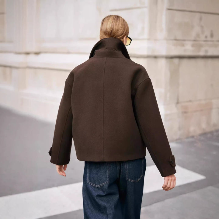 Damen Kurze doppeltreihige Boxy-Manteljacke mit weitem Revers Echoarchiv