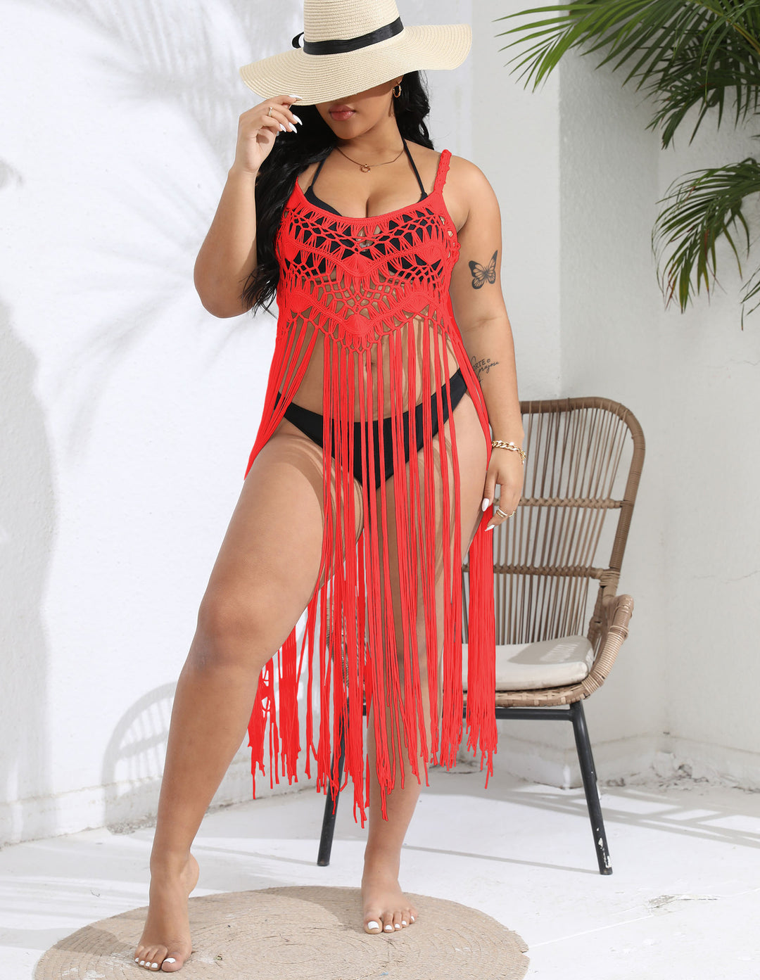 Damen gehäkelter Strandüberwurf mit fransenverziertem Design Echo Archiv