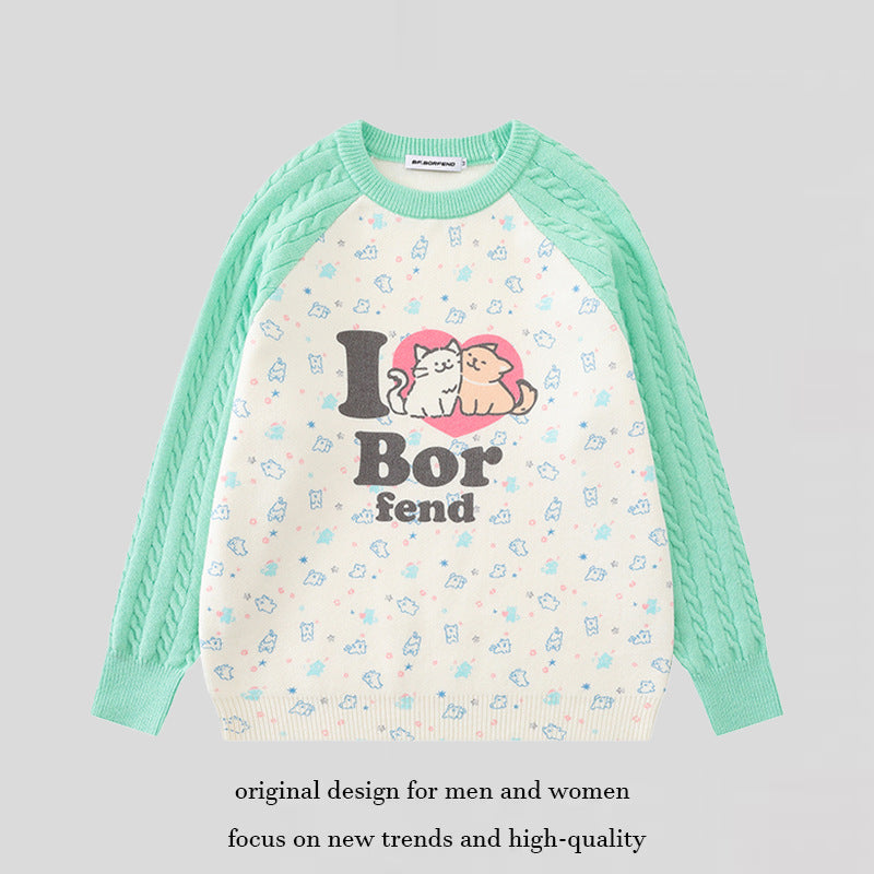 Damen Strickpullover mit Raglanärmeln, Zopfmuster-Ärmeln und Cartoon-Katzenfrontprint Echoarchiv