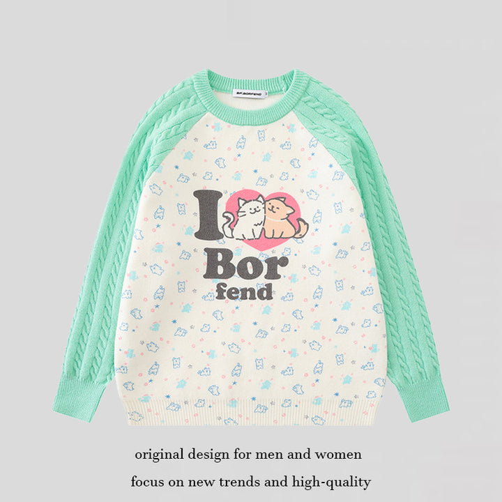 Damen Strickpullover mit Raglanärmeln, Zopfmuster-Ärmeln und Cartoon-Katzenfrontprint Echoarchiv