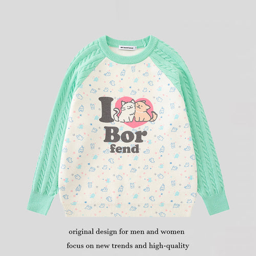 Damen Strickpullover mit Raglanärmeln, Zopfmuster-Ärmeln und Cartoon-Katzenfrontprint Echoarchiv