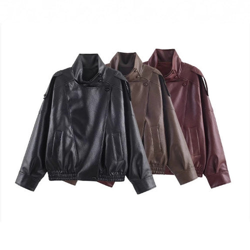 Damen 3400+ Cropped Kunstleder‑Blouson mit asymmetrischer Druckknopfleiste, hohem Stehkragen und elastischem Saum Echo Archiv