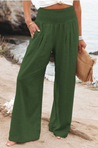 Frauen Weite Bein Smocked Hohe Taille Leinenmischung Hosen – Avélisse