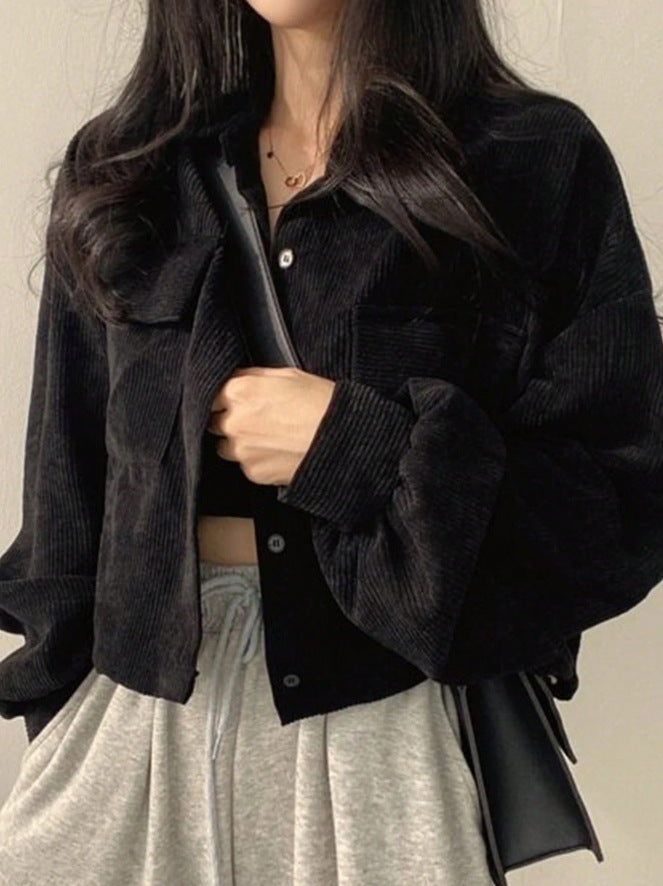 Damen Kurzgeschnittene Cordjacke mit Oversize-Ärmeln und Brusttaschen – Célinea