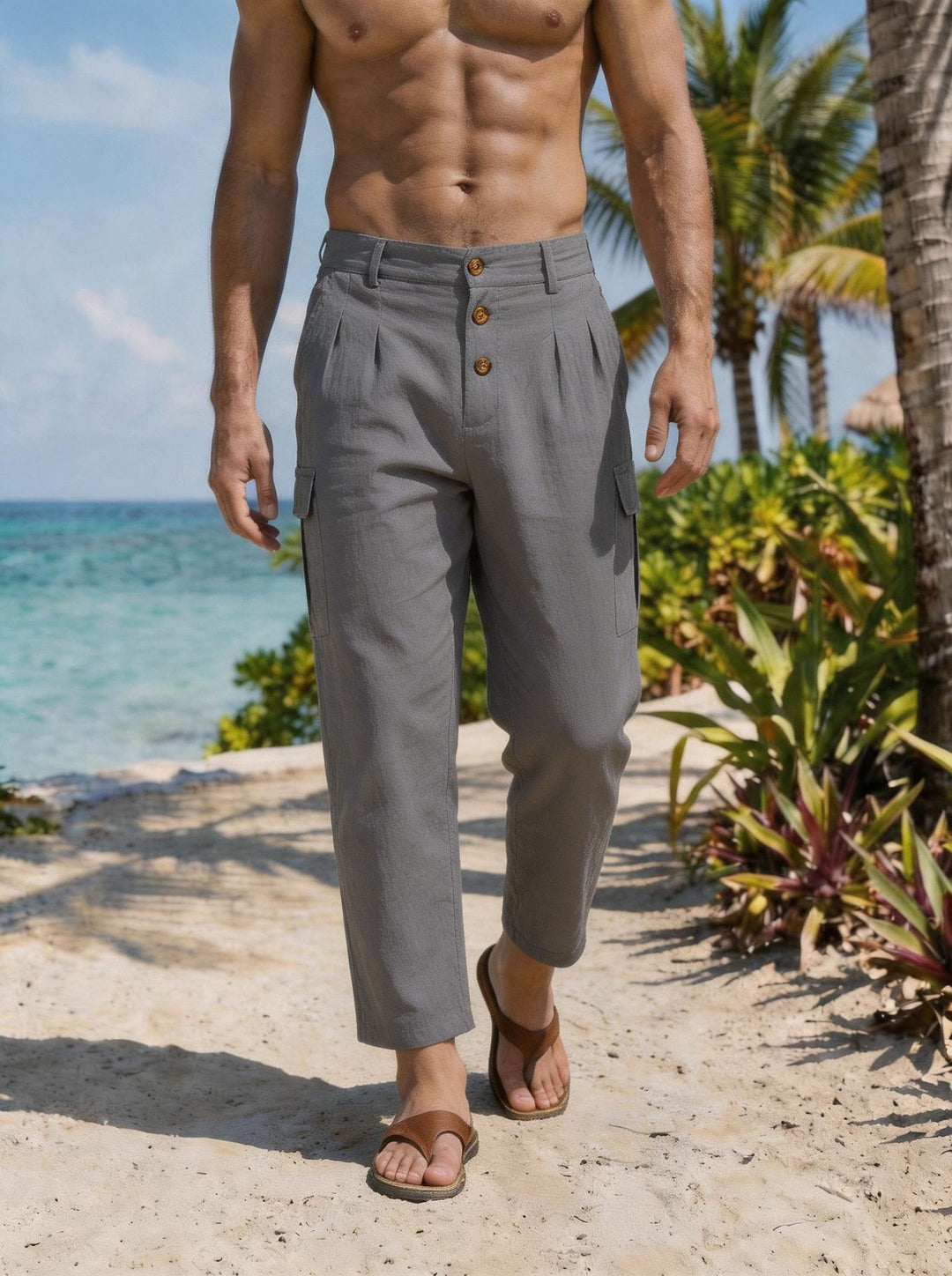 Herren Bundfalten-Cargohose mit Knopfverschluss, aufgesetzten Cargotaschen und gekürztem Bein – Bravaro