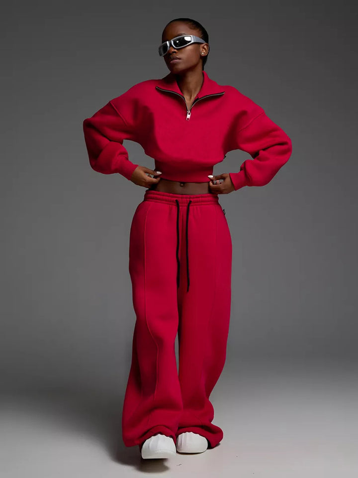 Damen kurzes Half-Zip Crop-Sweatshirt mit hoher Taille und weitem Sweatpants-Set – Auréline