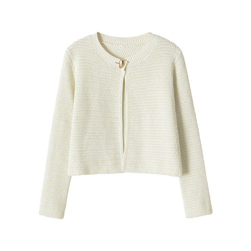 Damen Kurze gehäkelte Boxy-Strickjacke mit dekorativem Schmuckverschluss Echoarchiv