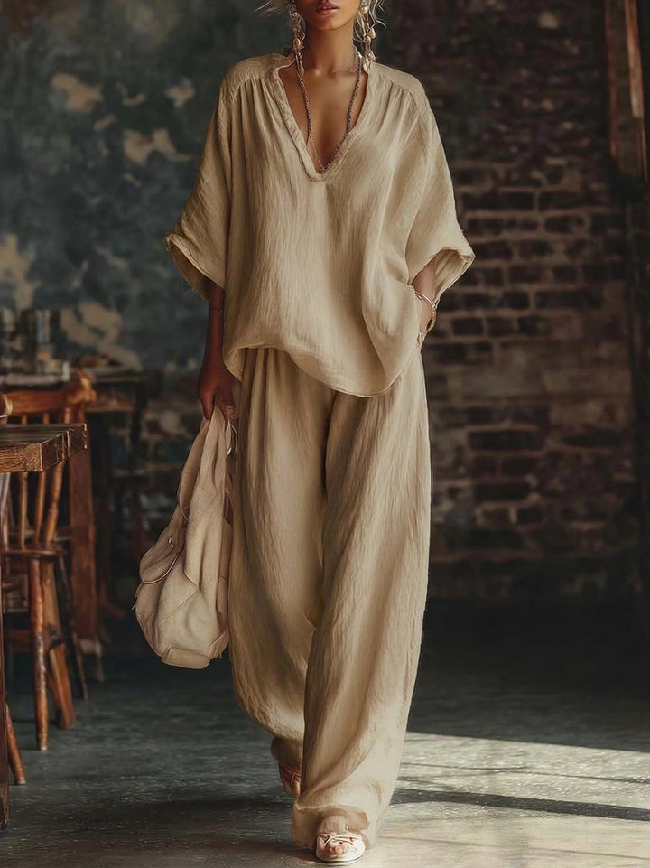 Damen nan lässiges zweiteiliges Leinenoptik-Set mit tiefem V-Ausschnitt, Oversize-Bluse und weitem Palazzo-Hosen Echo Archiv