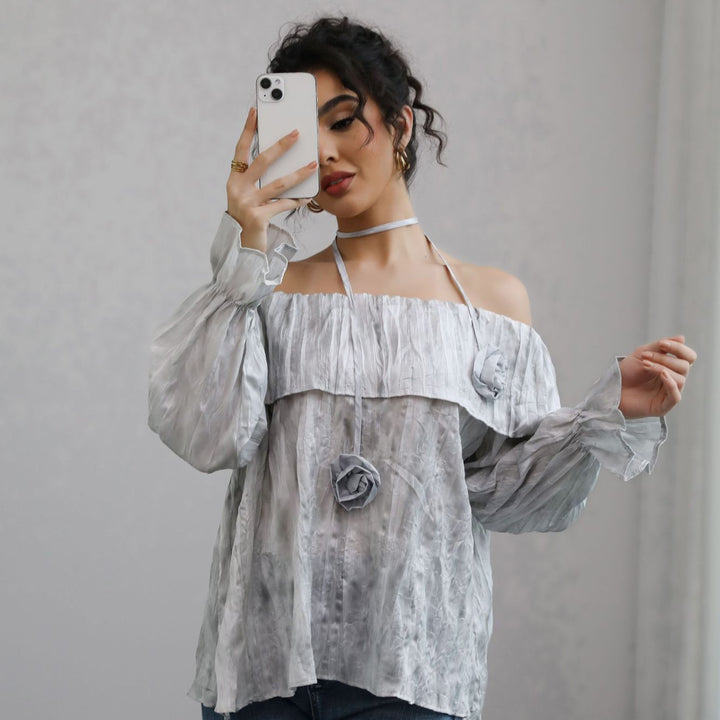 Damen Schulterfreies Crinkle-Blusentop mit Volant, Ballonärmeln und Choker – Élovi