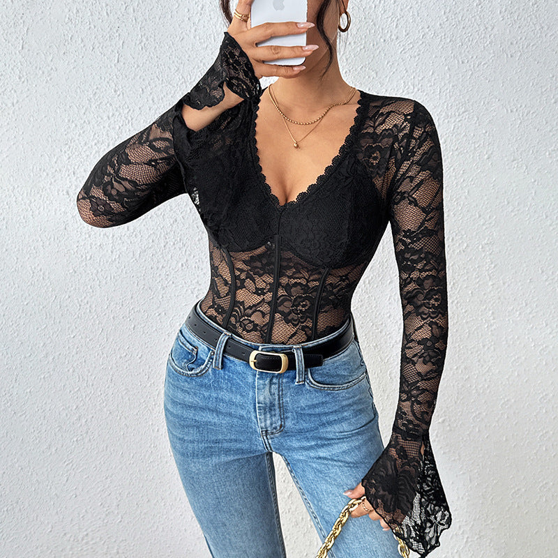 Damen Taillierter Spitzen-Corset-Body mit V-Ausschnitt, langen Trompetenärmeln und formenden Bügeln Echoarchiv