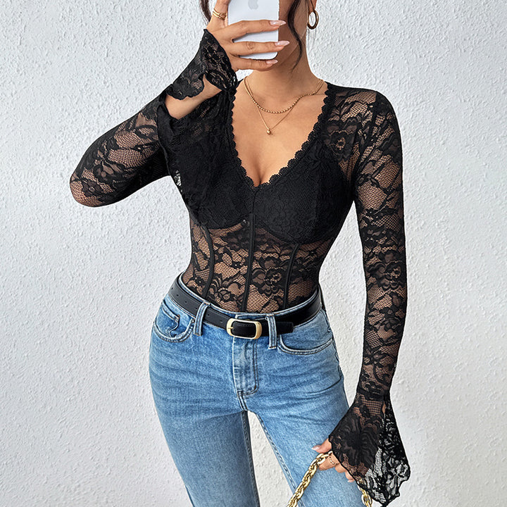 Damen Taillierter Spitzen-Corset-Body mit V-Ausschnitt, langen Trompetenärmeln und formenden Bügeln Echoarchiv