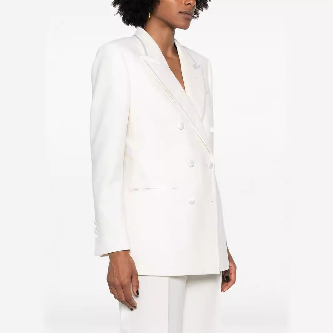 Damen Doppelreihiges Longblazer‑Hosenanzug mit Marlene‑Weitbeinhose und schlanker Silhouette Echoarchiv