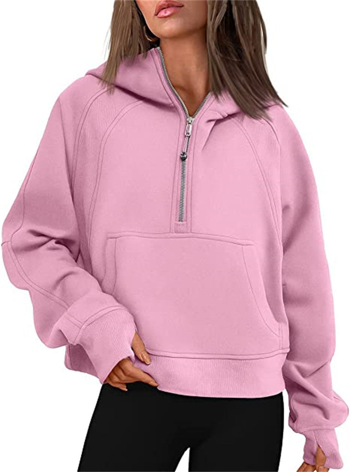 Damen Oversize-Hoodie mit halbem Reißverschluss, Kängurutasche und Daumenlöchern – Auréline