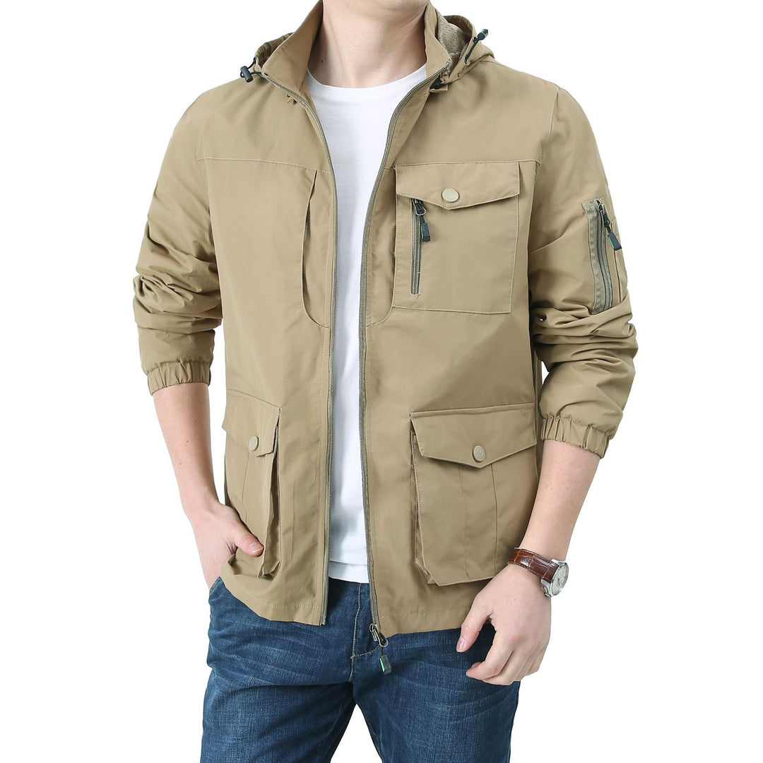 Herren  Kapuzen leichte Utility-Feldjacke mit Mehrfachtaschen, Reißverschluss und Druckknopfverschluss Echo Archiv
