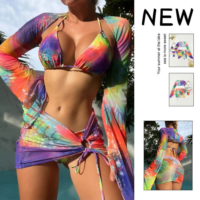 Damen Triangel-Bikini mit transparentem Wickelrock und langen Ärmeln Echo Archiv