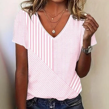 Damen nan gestreifte V-Ausschnitt-Bluse mit asymmetrischem Streifenmix und Kurzarm Echo Archiv