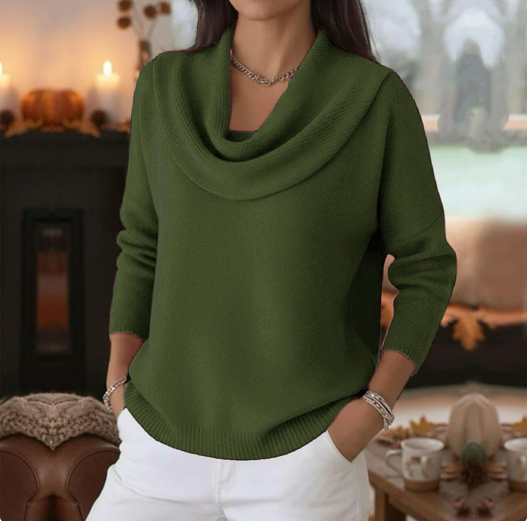 Damen Lässiger Schalkragen-Feinstrickpullover mit überschnittener Schulter und geripptem Saum – Mavelle
