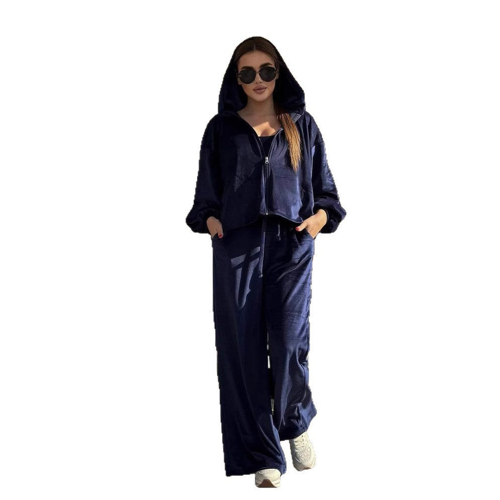 Damen Cropped Samt-Hoodie mit weitem Arm und High-Waist Jogginghose im Lounge-Set – Auréline