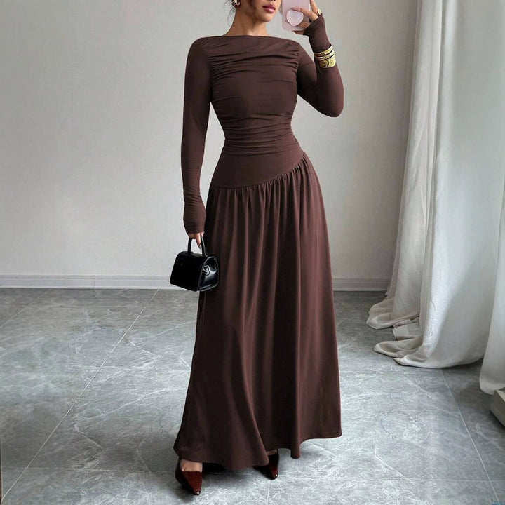 Damen Maxikleid mit gerafftem Oberteil, tailliertem Bund und Langarm Echoarchiv