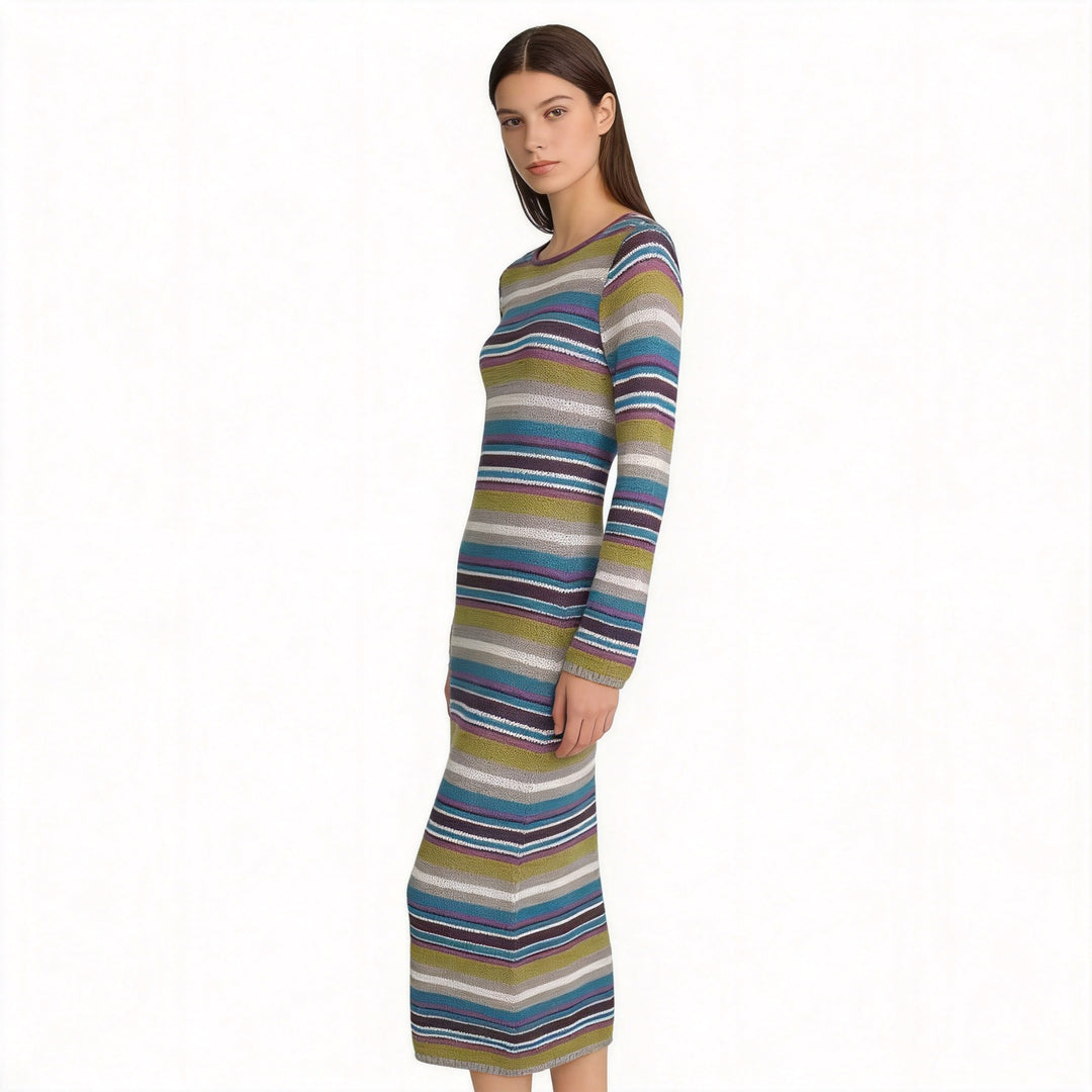 Damen Enganliegendes Feinstrick-Midikleid mit Streifenmuster und Rundhalsausschnitt Echo Archiv