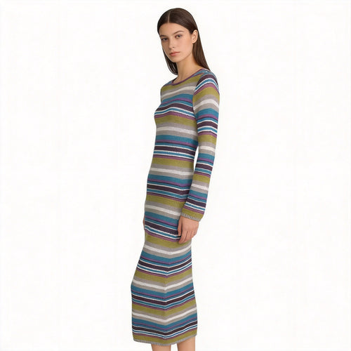Damen Enganliegendes Feinstrick-Midikleid mit Streifenmuster und Rundhalsausschnitt Echo Archiv