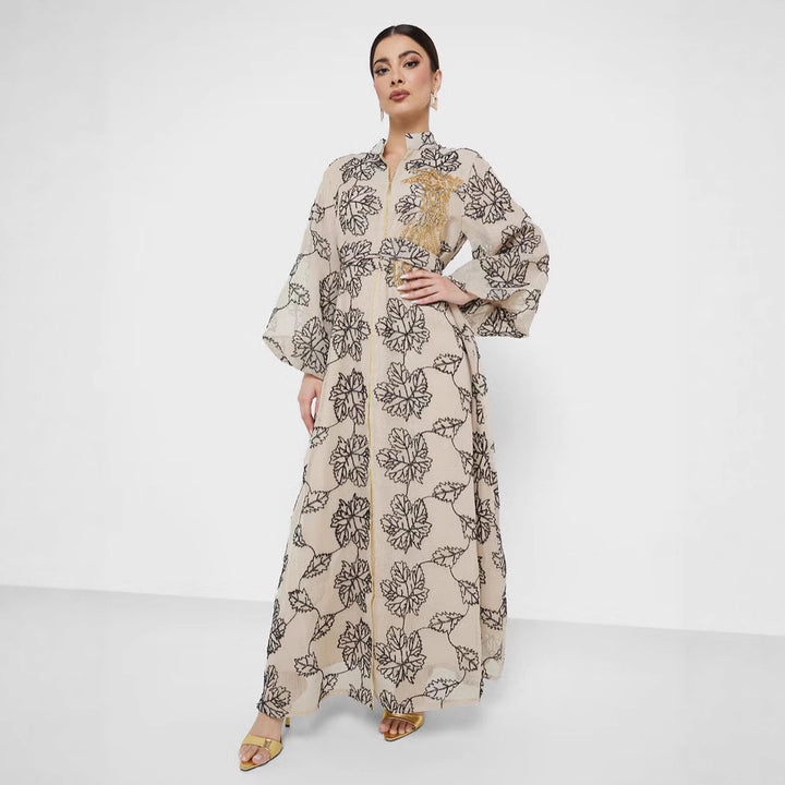 Damen Besticktes Maxikleid im Kaftan-Stil mit Reißverschluss, Taillengürtel und Ballonärmeln – Valéora