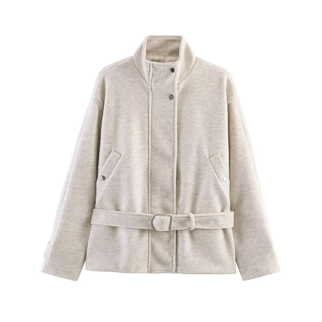 Damen Boxy-Wolljacke mit Stehkragen, verdeckter Druckknopfleiste und D-Ring Taillengürtel Echo Archiv