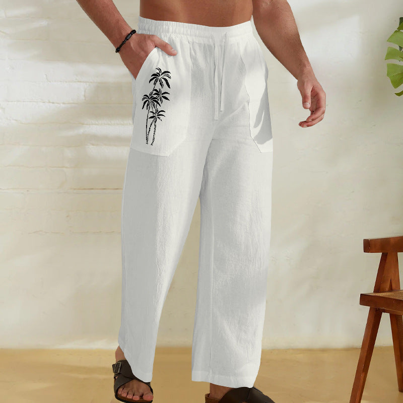 Herren Bequeme Leinenhose mit praktischem Kordelzug und Palmendruck Echoarchiv