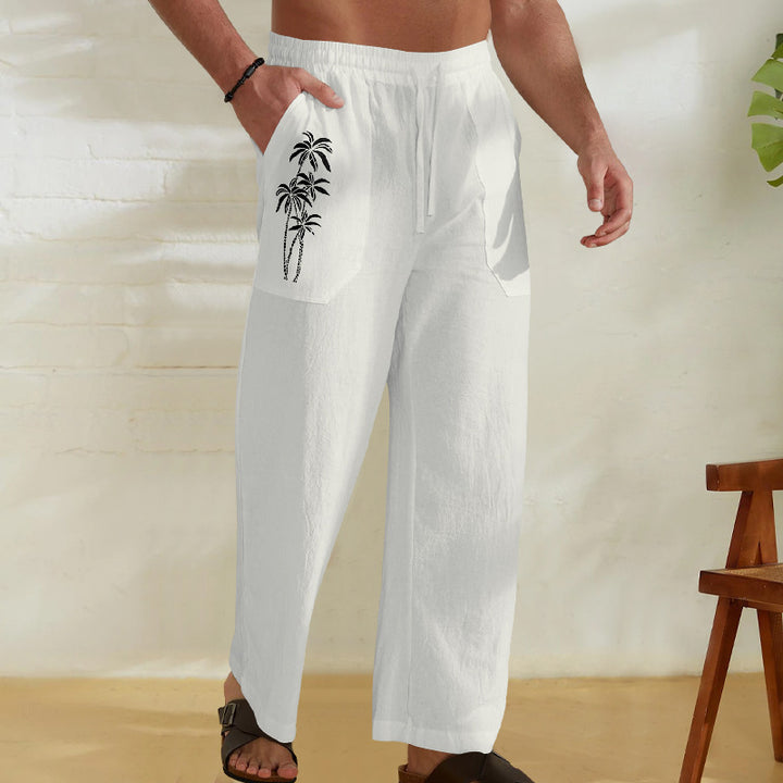 Herren Bequeme Leinenhose mit praktischem Kordelzug und Palmendruck Echoarchiv