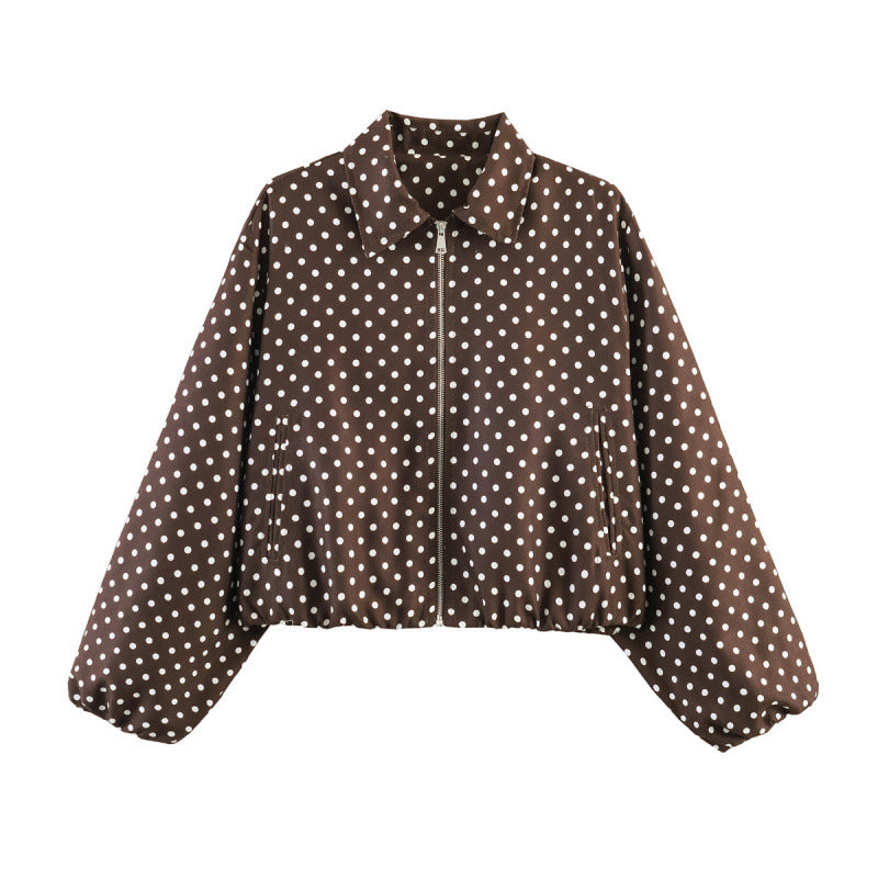Damen Gepunktete Cropped-Bomberjacke im Retro-Look mit Hemdkragen und elastischem Saum Echo Archiv