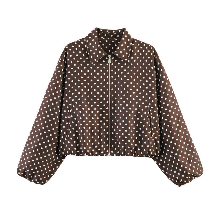 Damen Gepunktete Cropped-Bomberjacke im Retro-Look mit Hemdkragen und elastischem Saum Echo Archiv