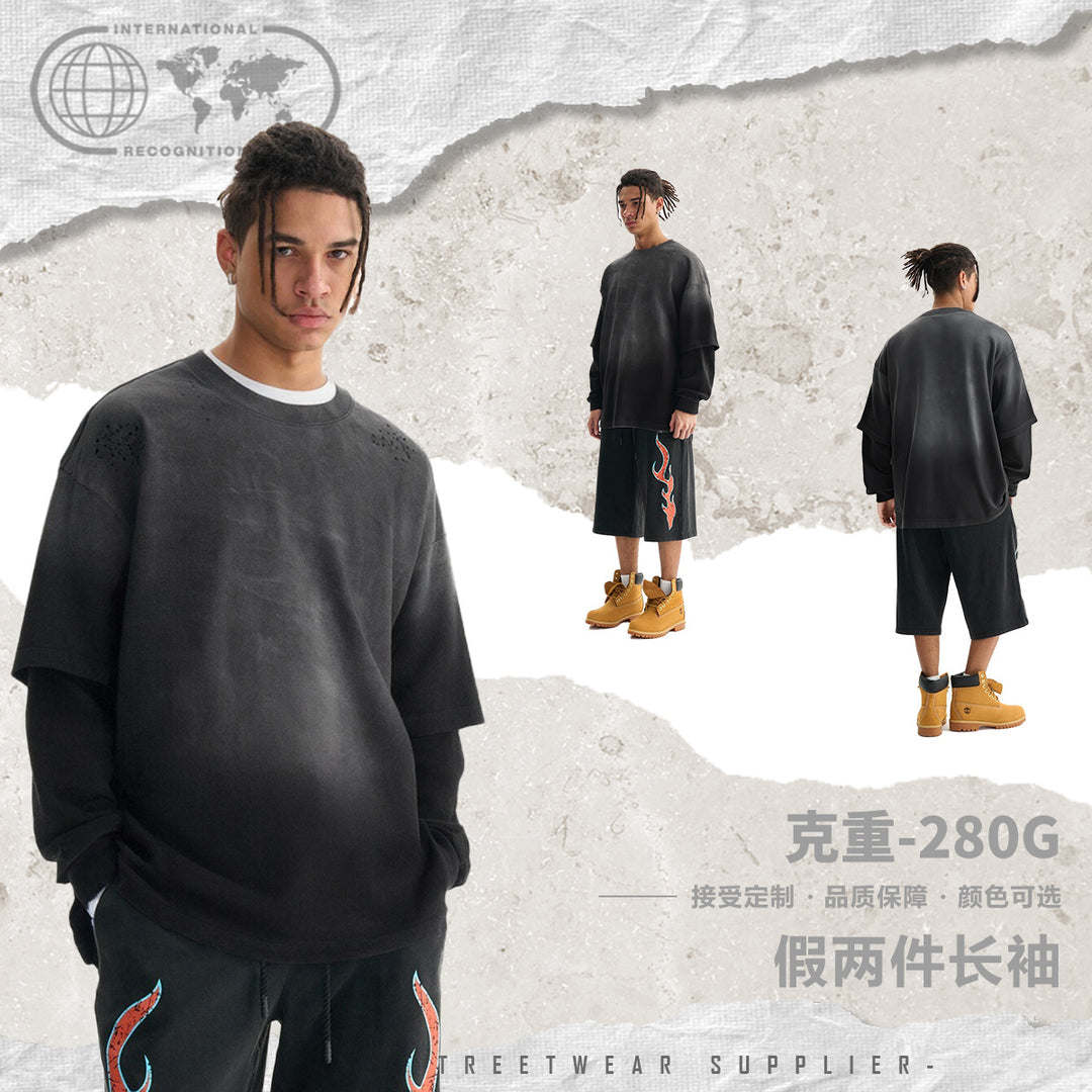 Herren Layered-Langarmshirt mit doppellagigen Ärmeln, verwaschener Vintage-Waschung und dezenten Ausfransungen Echo Archiv