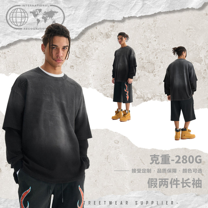 Herren Layered-Langarmshirt mit doppellagigen Ärmeln, verwaschener Vintage-Waschung und dezenten Ausfransungen Echo Archiv