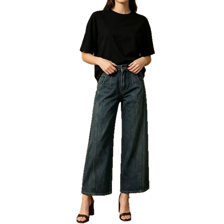 Damen nan hohe Taille Plissée Wide-Leg-Denimhose mit verkürztem Bein und dekorativen Vorderfalten Echo Archiv