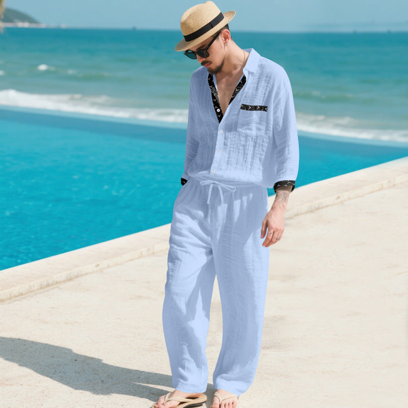 Herren Leinenoptik-Loungewear-Set mit Kordelzughose und offenem Hemdjacke – Averon