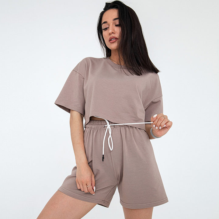 Damen Zweiteiliges Cropped-Lounge-Set aus Baumwolljersey mit elastischer Kordelzug-Shorts – Élanora