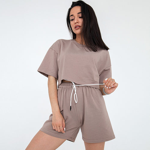 Damen Zweiteiliges Cropped-Lounge-Set aus Baumwolljersey mit elastischer Kordelzug-Shorts – Élanora