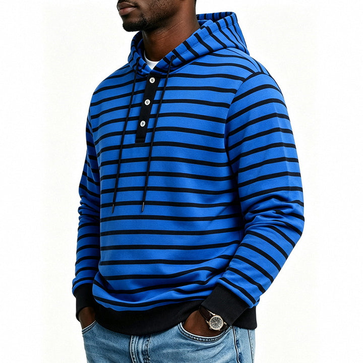 Herren Kapuzenpullover mit Henley-Knopfleiste und feinem Streifenstrukturmuster Echoarchiv