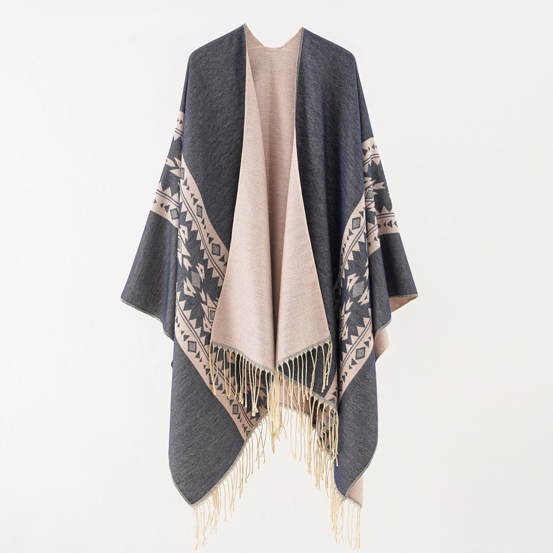Damen Oversize-Poncho mit Fransen und Jacquardmuster – Avérine
