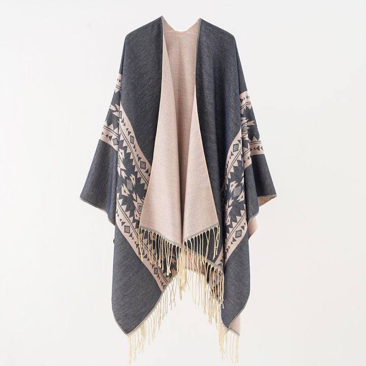 Damen Oversize-Poncho mit Fransen und Jacquardmuster – Avérine