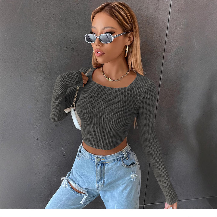 Damen Figurbetontes Cropped‑Waffel‑Stricktop mit U‑Boot‑Ausschnitt Echoarchiv