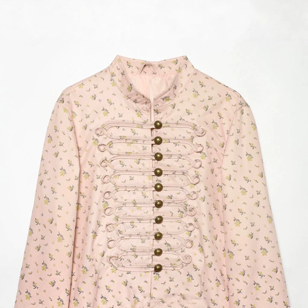 Damen Kurz geschnittene Satin-Militärjacke mit dekorativen Froschverschlüssen und Blumenprint Echo Archiv