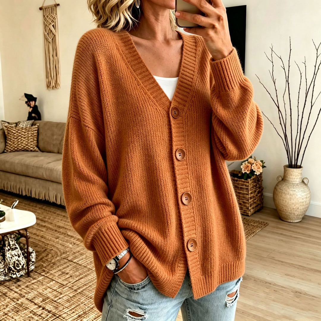 Damen Lockerer Longline-Cardigan mit tiefem V-Ausschnitt und Holzknöpfen – Veloura