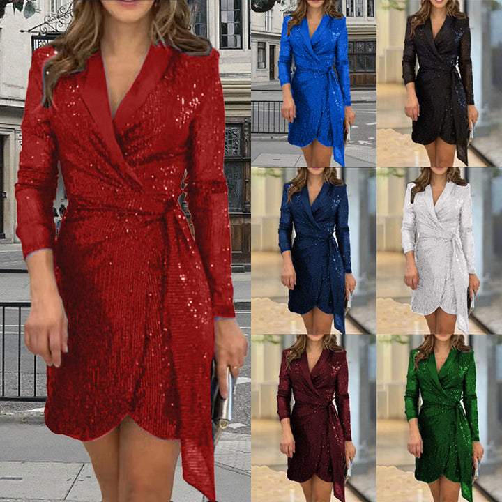Damen Glamouröses Pailletten Minikleid mit Wickeldesign – Élara