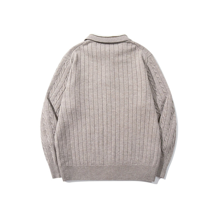 Unisex Polo-Strickpullover mit Zopfstrick und Kontrastkragen Echoarchiv