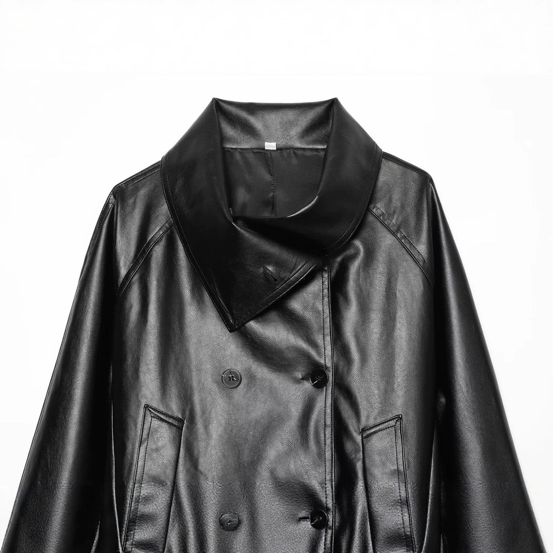 Damen Cropped Kunstlederjacke mit weitem Funnelkragen und doppelreihiger Knopfleiste Echoarchiv