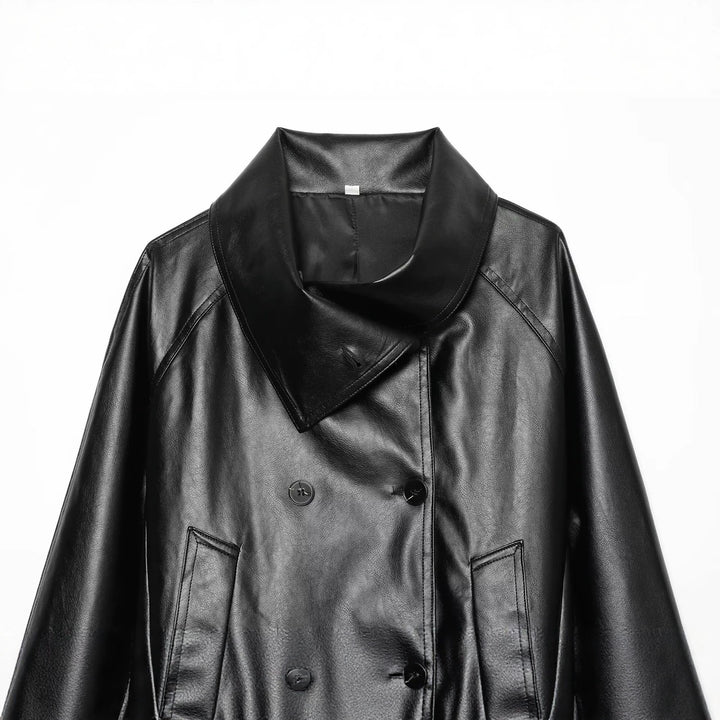 Damen Cropped Kunstlederjacke mit weitem Funnelkragen und doppelreihiger Knopfleiste Echoarchiv