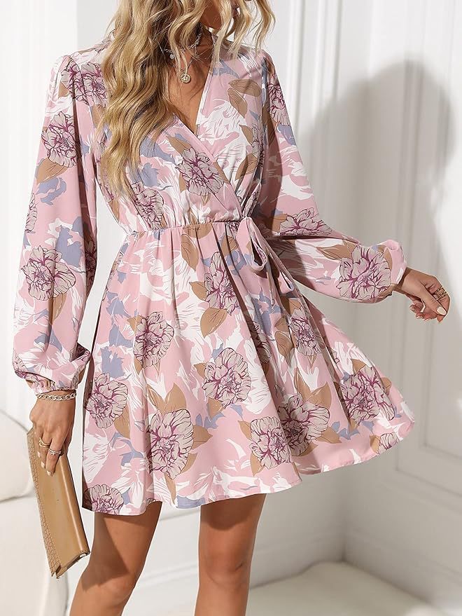 Damen Florales Wickel-Minikleid mit V-Ausschnitt, Bindegürtel und langen Ballonärmeln – Élara