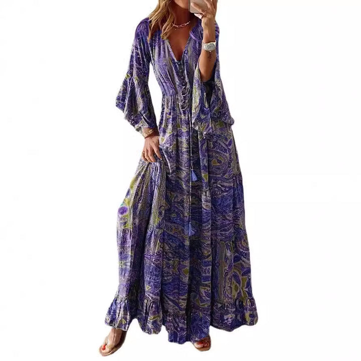 Damen Boho Maxikleid mit Paisley-Print, V-Ausschnitt, Stufenrock und Bindegürtel Echoarchiv