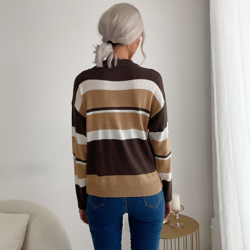 Damen Langärmliger Ringel-Feinstrickpullover mit kurzem Stehkragen und legerer Silhouette Echoarchiv
